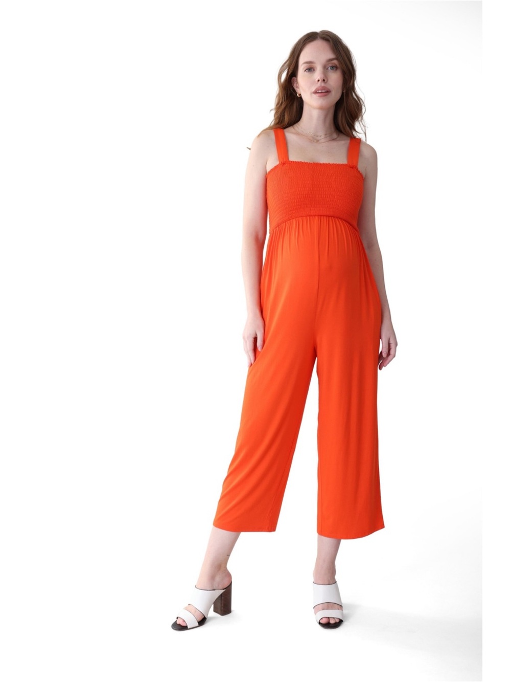 Ingrid and Isabel smocked bright red/orange maternity and nursing jumpsuit